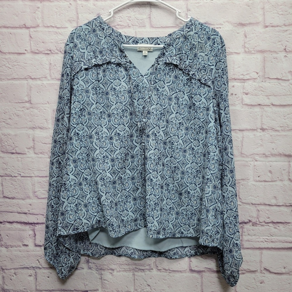 Wonderly Blue Paisley Peasant Blouse Sz XL Tie Front Flowy Hippie Whimsical Boho